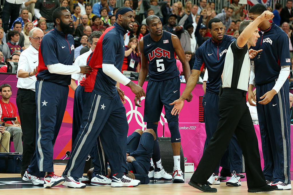 LeBron James reacts after Carmelo Anthony was fouled at the London 2012 Olympic Games. © Getty Images