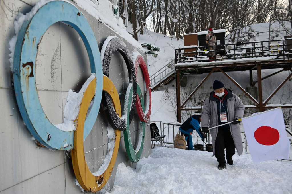 The Olympic Rings displayed at the Sapporo Okurayama Ski Jump Stadium in Sapporo © Getty Images