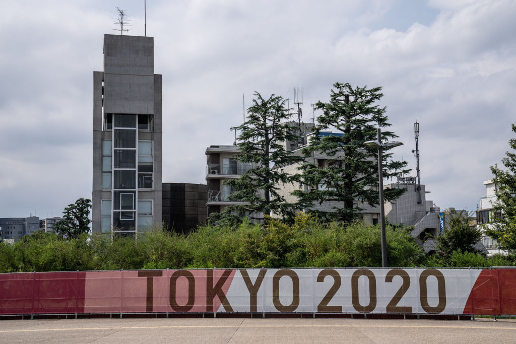 The Tokyo 2020 banner is displayed in the grounds of the Olympic Stadium. GETTY IMAGES