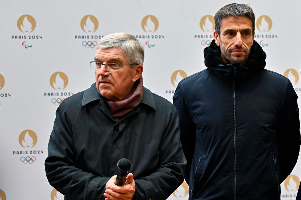 Thomas Bach IOC President and Tony Estanguet Paris 2024 President answer the press after visiting the Paris 2024 Olympic Village construction site. GETTY IMAGES