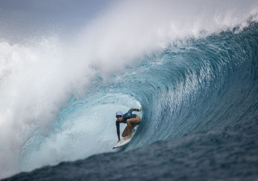 France's Aelan Vasst surfs at the 2023 Shiseido Tahiti Pro in Teahupo'o. GETTY IMAGES
