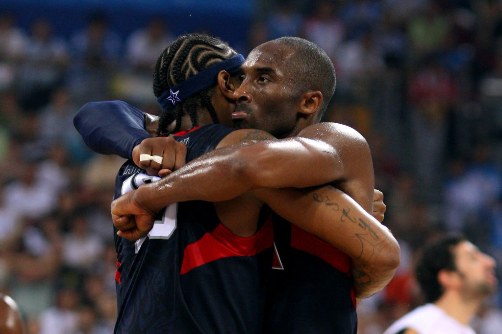 Kobe Bryant and Carmelo Anthony after winning the final at the 2008 Beijing Olympics. GETTY IMAGES