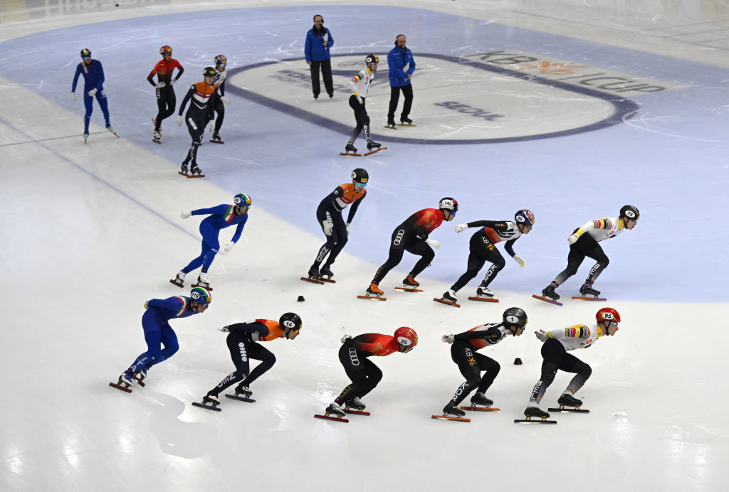 Skaters from Italy, Netherlands, China, South Korea and Belgium compete during the men's 5000m relay final at the ISU World Cup Short Track Speed Skating in Seoul on December 17, 2023. GETTY IMAGES