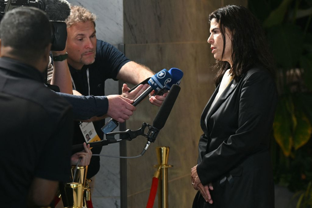 Israel's first Olympic medallist and International Olympic Committee (IOC) member Yael Arad speaks to the media at the end of the 141st International Olympic Committee (IOC) session in Mumbai on October 17, 2023. GETTY IMAGES