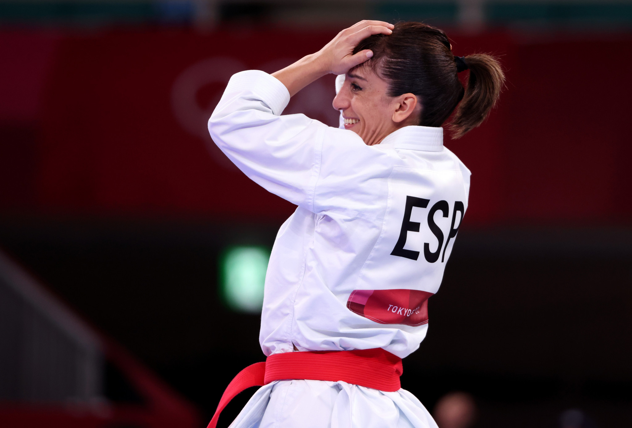 Sandra Sanchez Jaime celebrates after winning the Tokyo 2020 Women’s Karate Kata Final Bout © Harry How/Getty Images