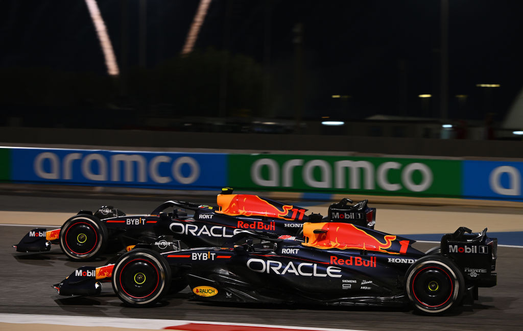 Max Verstappen and Sergio Perez in the Red Bulls. GETTY IMAGES