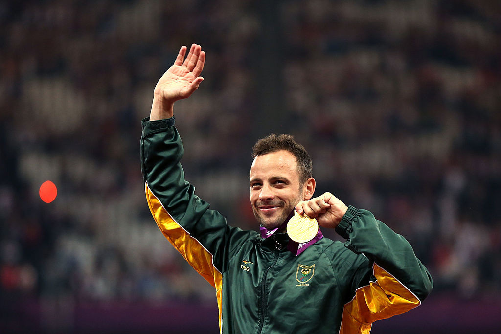 Gold medallist Oscar Pistorius of South Africa during the medal ceremony for the Men's 400m T44 Final on day 10 of the London 2012 Paralympic Games. GETTY IMAGES 