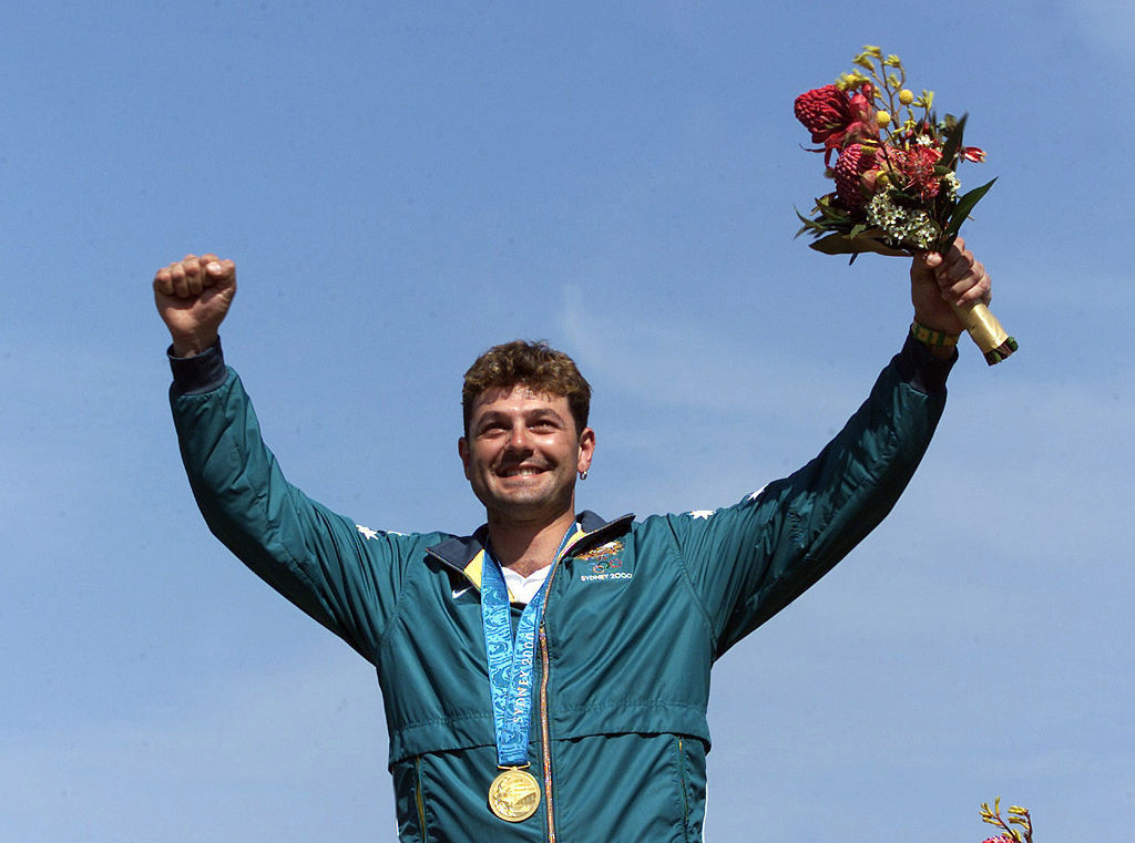 Australia's Michael Diamond celebrates his gold medal in the trap final at the Sydney 2000 Games. GETTY IMAGES