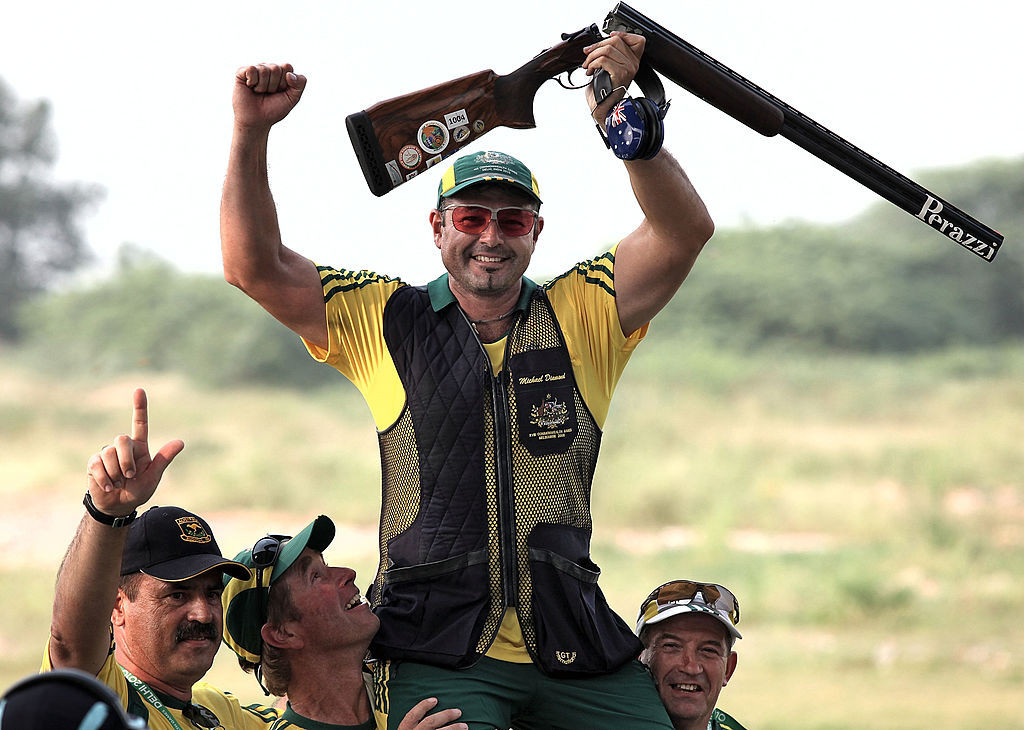 Diamond , after winning a gold medal in the men's pairs trap finals in India. GETTY IMAGES