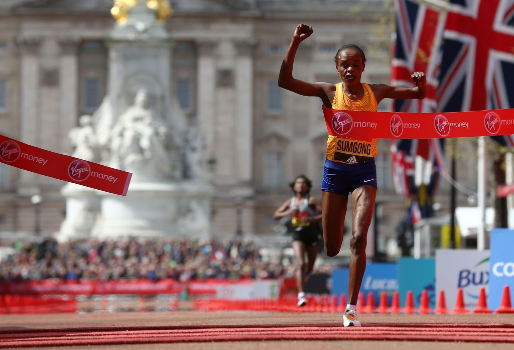 Jemima Sumgong recovered from a fall to win the women's race ©Getty Images