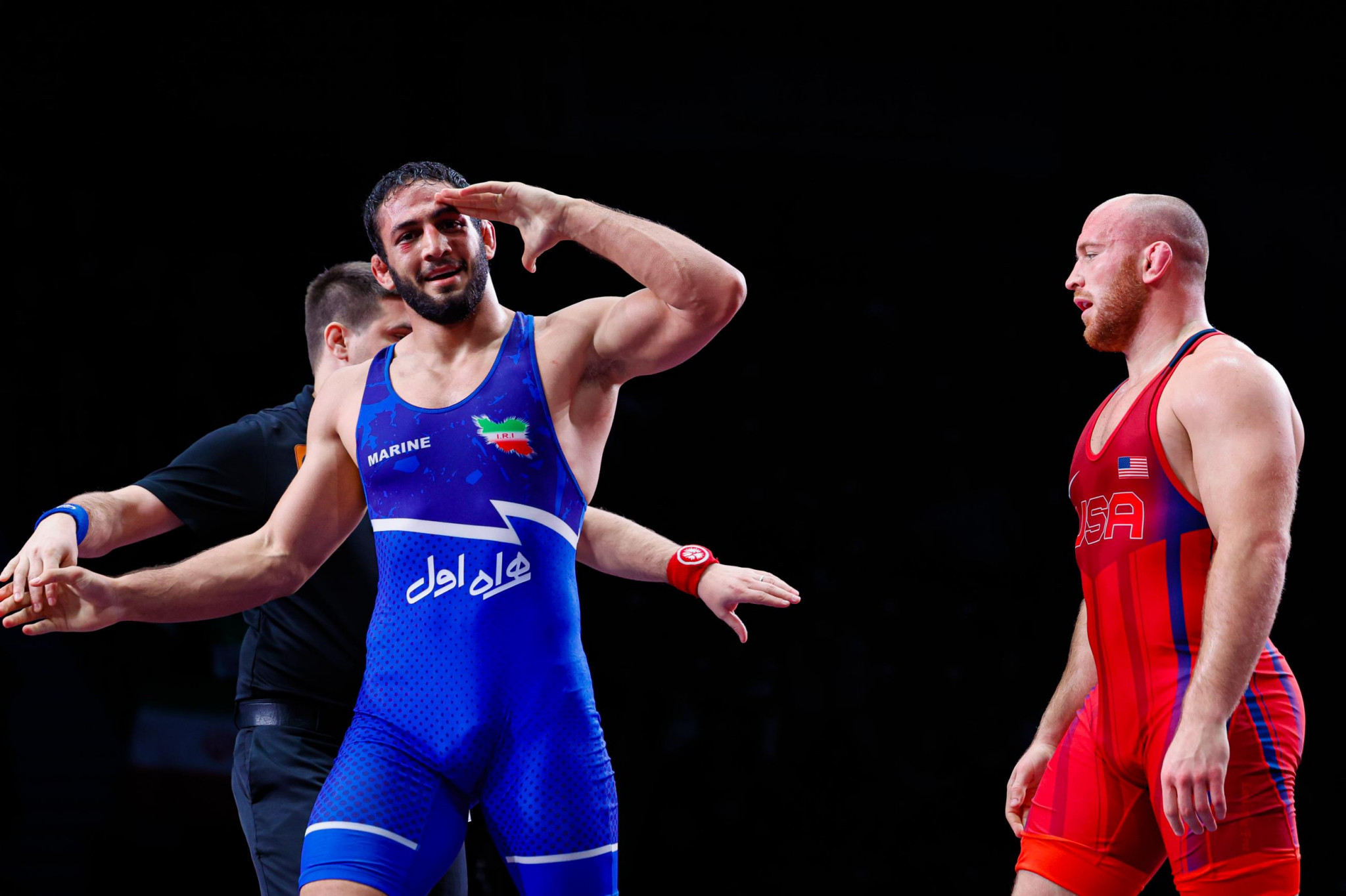 Amirali Azarpira of Iran after defeating Kyls Snyder of the USA in the men's -97 kg freestyle. UWW