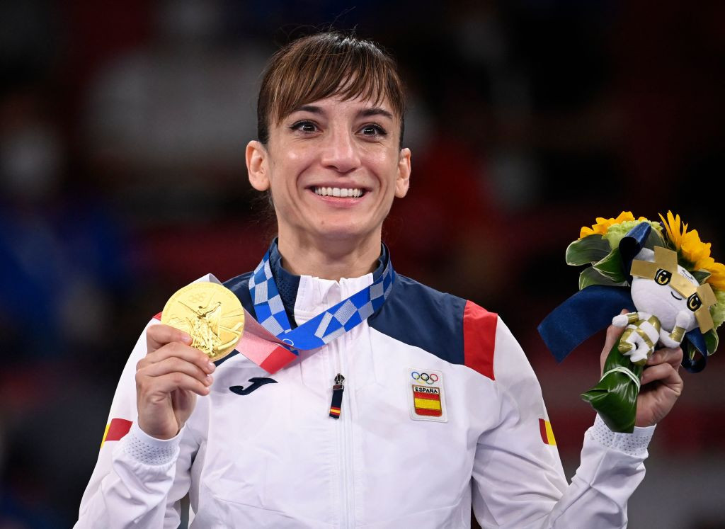 Sandra Sanchez with her kata gold medal at the Tokyo 2020 karate competition. GETTY IMAGES