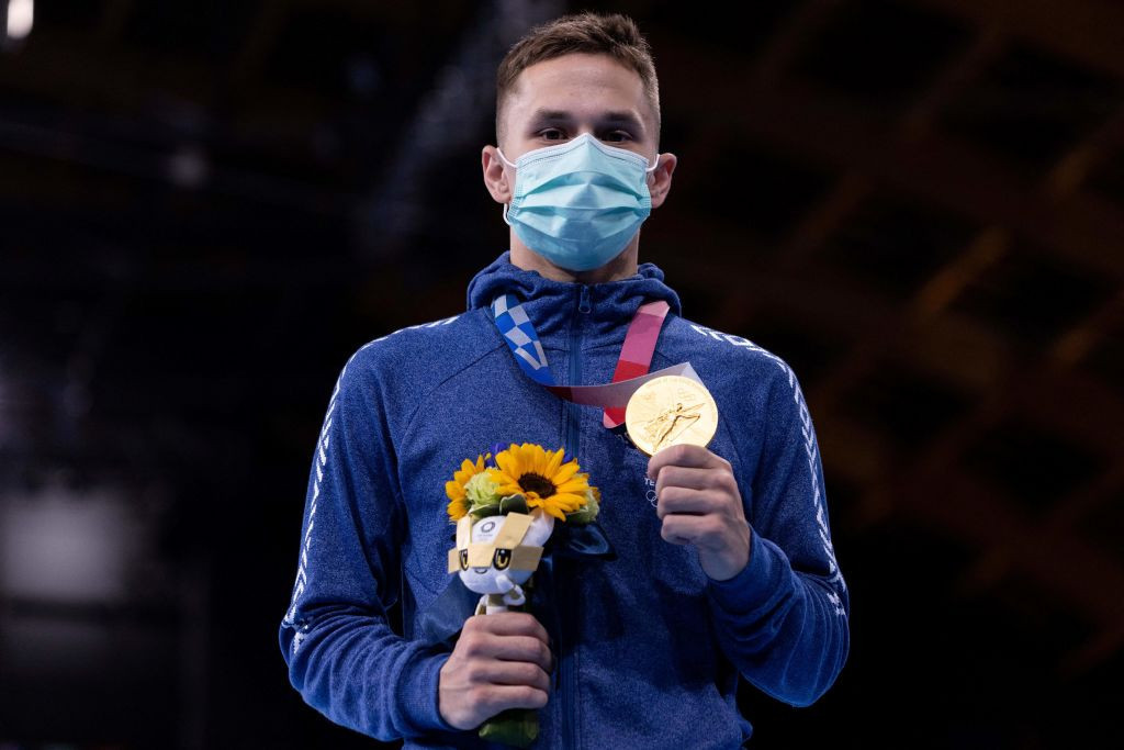 Belarus' Ivan Litvinovich, with his gold medal in the men's trampoline gymnastics at Tokyo 2020. GETTY IMAGES