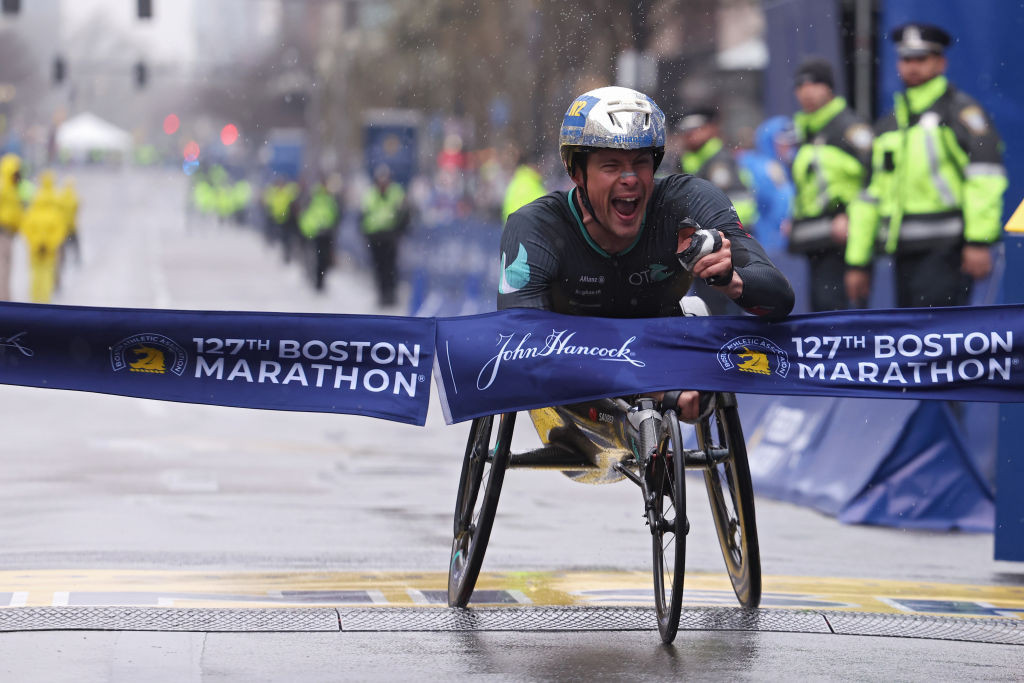 Marcel Hug of Switzerland wins the men's wheelchair division at the 127th Boston Marathon. GETTY IMAGES