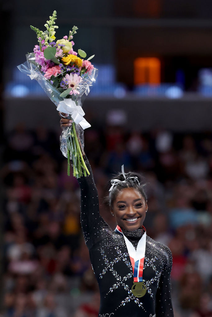Simone Biles placed first in the all-around competition at the 2023 U.S. Gymnastics Championships. GETTY IMAGES