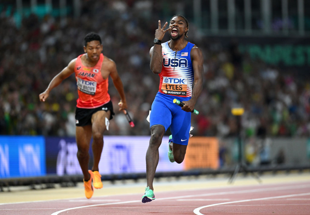 Noah Lyles reacts after winning gold in the men's 4x100m at the 2023 World Athletics Championships. GETTY IMAGES
