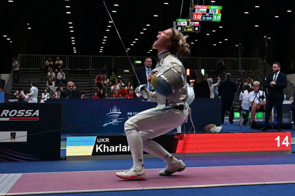 Kharlan celebrates during the Senior Women's Sabre Individual Olympic Qualifiers. GETTY IMAGES