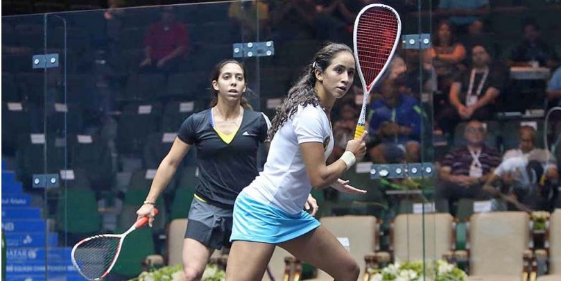 Egyptian world number 50 Nadine Shahin (left) stunned second qualifying seed Line Hansen of Denmark to reach the main draw ©PSA