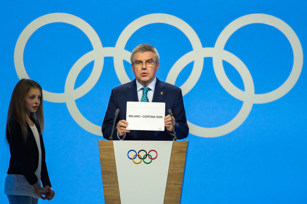 IOC President Thomas Bach announces Milano-Cortina as the winner of the 2026 Olympic Games. GETTY IMAGES