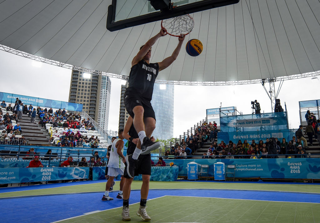 New Zealand's Max de Geest dunks the ball against Brazil at the Buenos Aires 2018 Youth Olympics. GETTY IMAGES