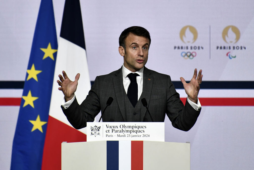 French President Emmanuel Macron delivers a speech to present his New Year's wishes to elite athletes ahead of the Paris 2024 Olympic and Paralympic Games. GETTY IMAGES