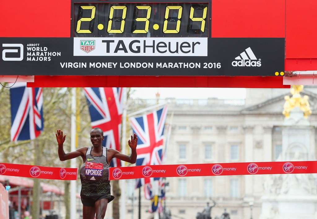 Eliud Kipchoge crosses the line eight seconds outside the world record time ©Getty Images