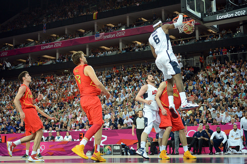 USA's LeBron James dunks in the final against Spain at the 2012 London Olympics. GETTY IMAGES