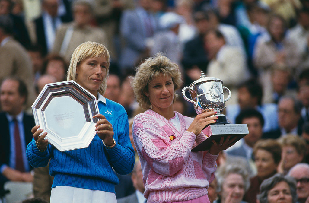 Martina Navratilova (left) lost to Chris Evert in the women's singles at Roland Garros in 1986. GETTY IMAGES