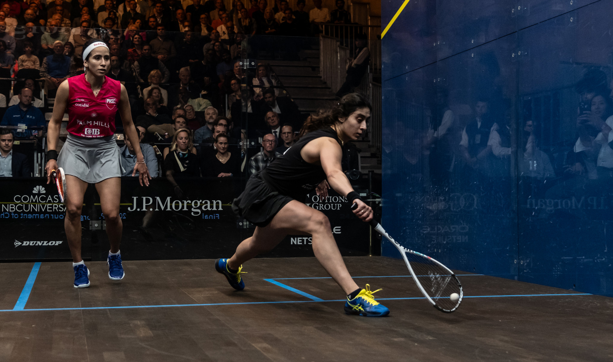 El Sherbini and Nouran Gohar during the final of the New York tournament. PSA