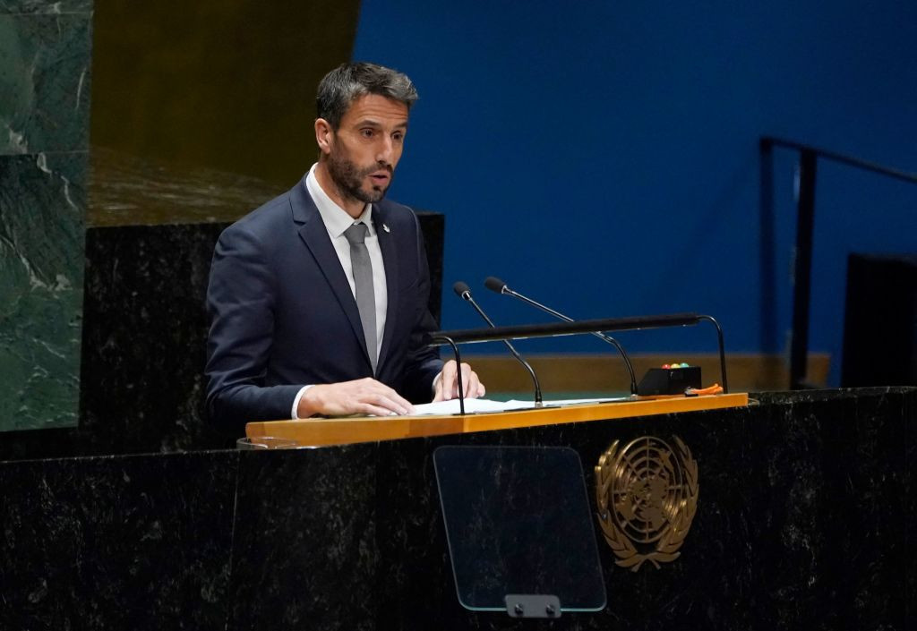 Tony Estanguet, speaking at the 38th plenary session of the United Nations General Assembly. GETTY IMAGES