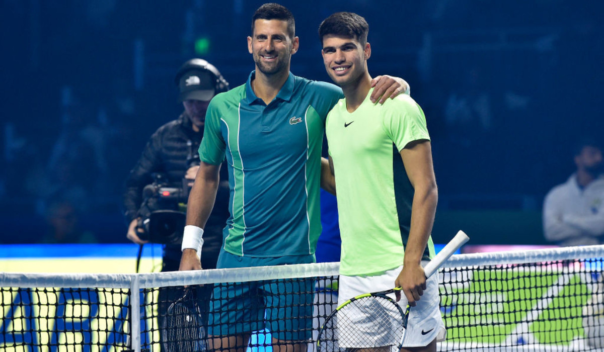 Novak Djokovic and Carlos Alcaraz in an exhibition match in Saudi Arabia. GETTY IMAGES