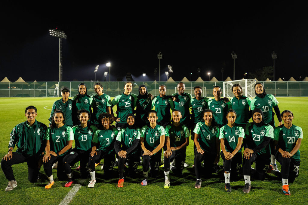 Players of the Saudi women's football team during a training session in Taif. GETTY IMAGES