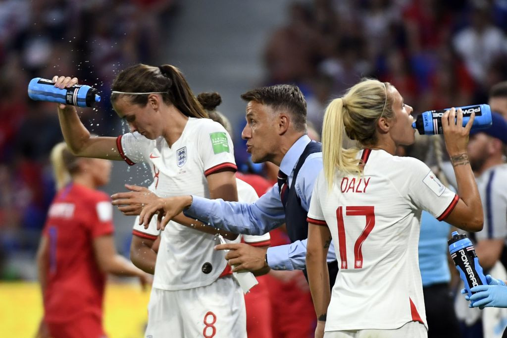 England's Jill Scott and Rachel Daly, during the semi-finals of the 2019 France Women's World Cup in Lyon. GETTY IMAGES