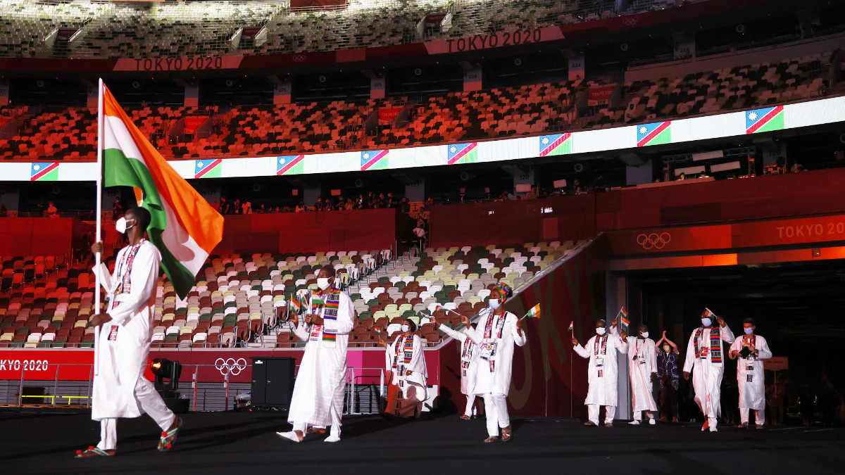 Issoufou Alfaga (left) was Niger's flag bearer at the Tokyo 2020 opening ceremony. GETTY IMAGES