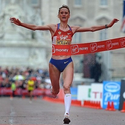 Liliya Shobukhova crosses the line first in the 2010 London Marathon was later disqualified for doping ©Getty Images