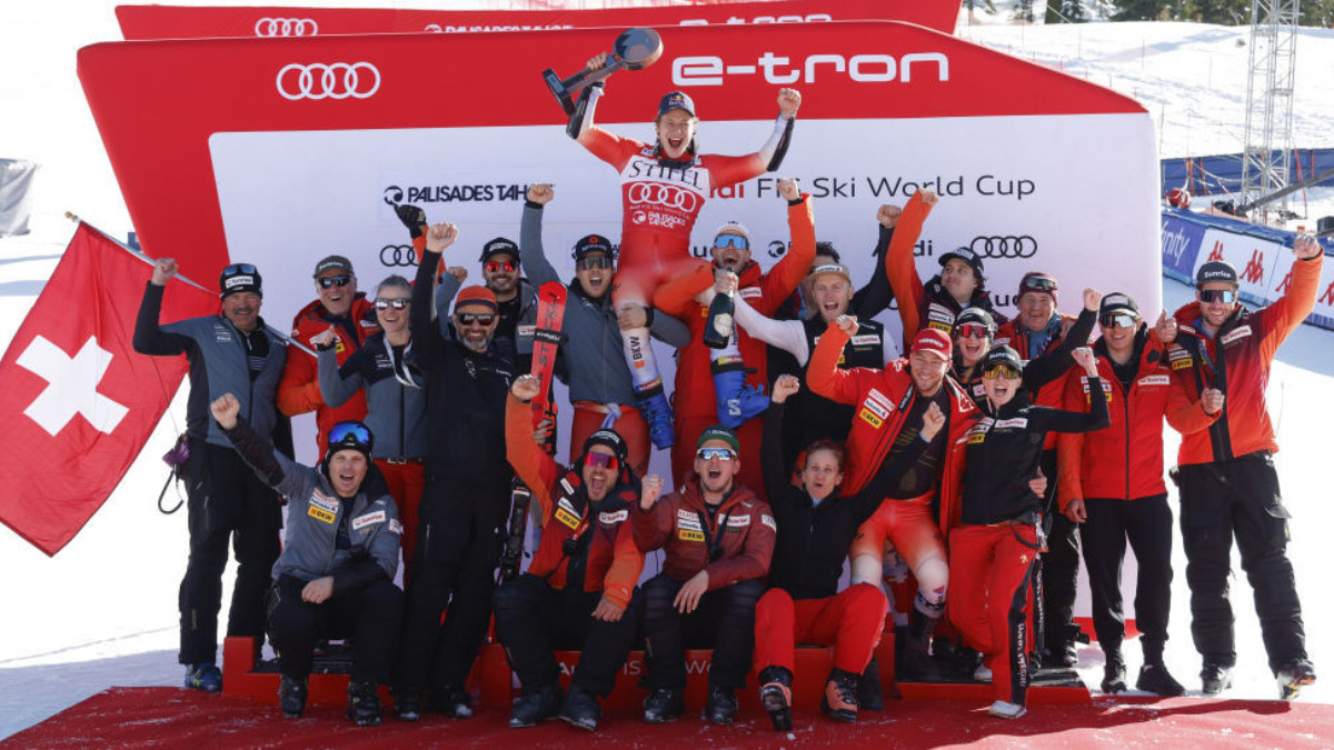 Skiing star Marco Odermatt celebrates his latest success with the Swiss team. GETTY IMAGES