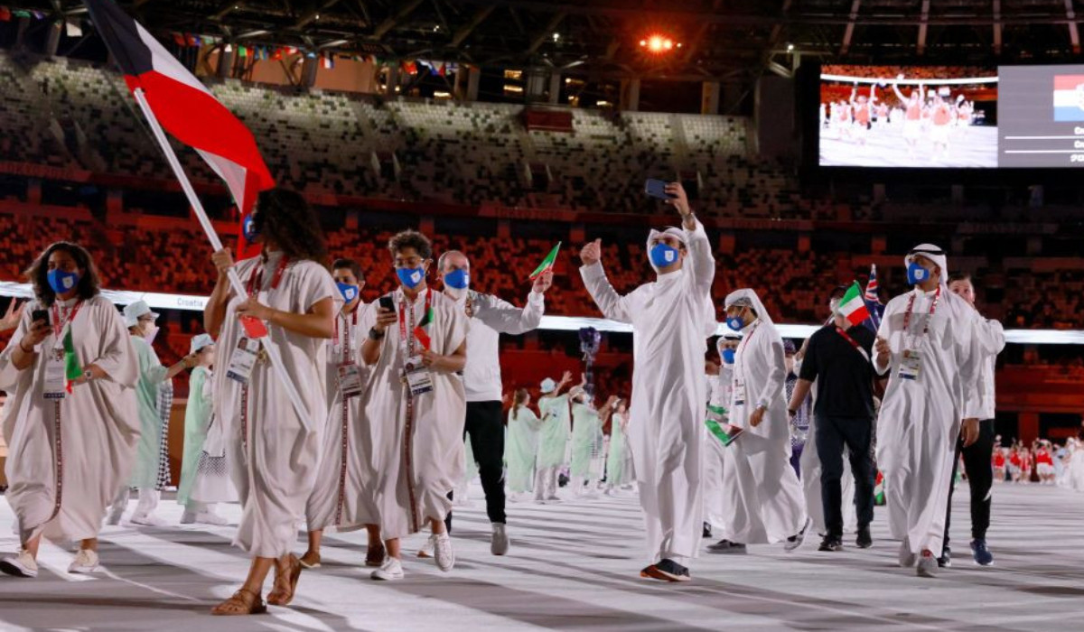 Kuwait's flag bearer Lara Dashti at the Tokyo 2020 opening ceremony. GETTY IMAGES
