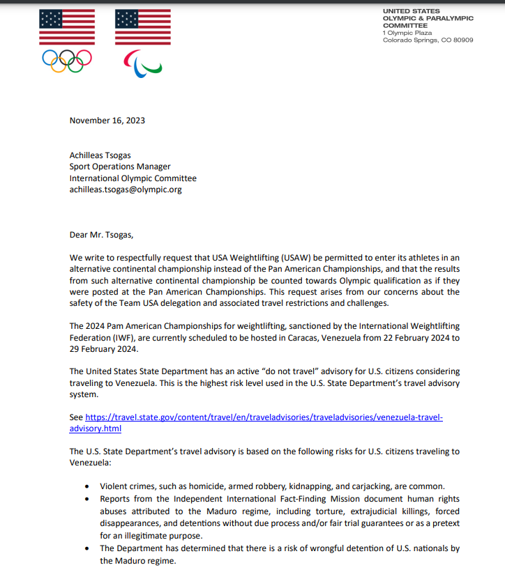 The USOPC's letter to the International Olympic Committee. INSIDE THE GAMES