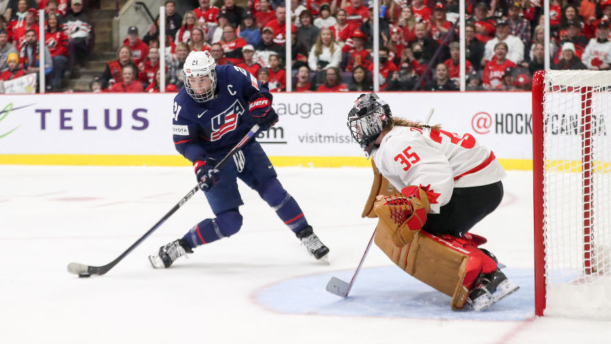 Hilary Knight (USA) against Canada in the final of the IIHF Women's World Championship 2023. GETTY IMAGES