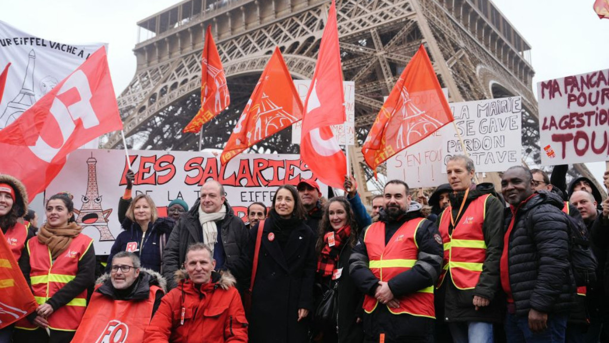 French CGT general secretary Sophie Binet at a protest in Paris in February 2024. GETTY IMAGES