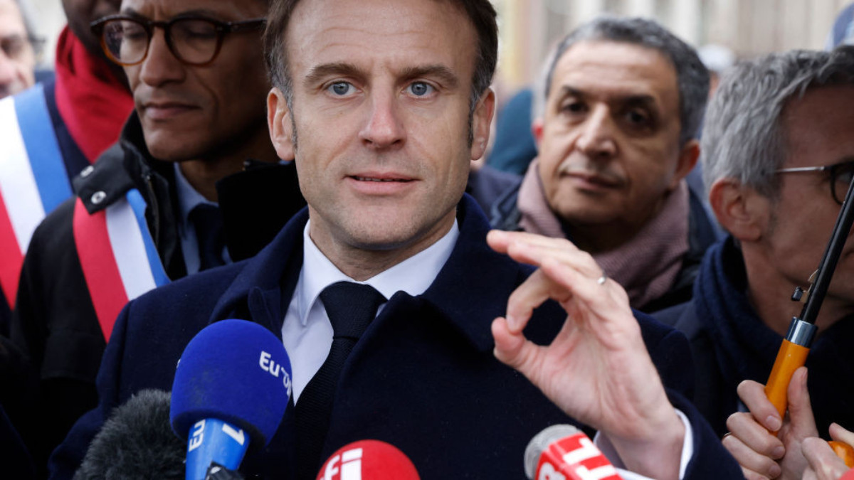 Macron speaks to journalists during the inauguration of the Paris 2024 Olympic Village. GETTY IMAGES