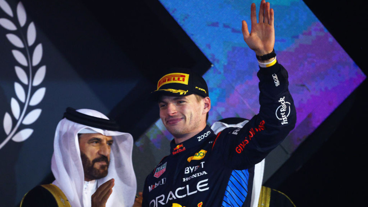 Max Verstappen celebrates his victory on the podium in Bahrain. GETTY IMAGES
