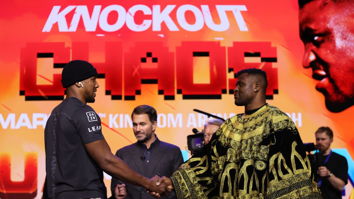 Joshua and Ngannou faced off at the press conference in Saudi Arabia. GETTY IMAGES