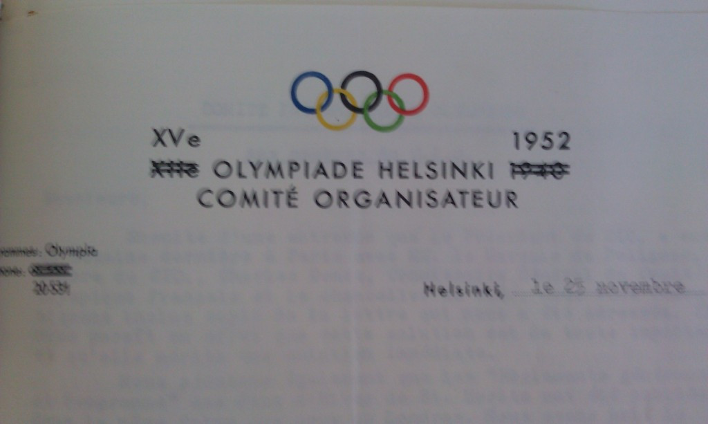 Finnish officials of the 1952 Olympics in Helsinki recycled letterhead from 12 years previously when they had been due to host the Games before they were cancelled of World War Two ©ITG