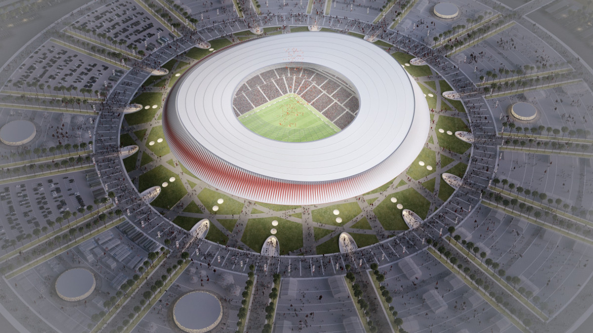 Aerial view of the proposed design for the stadium in Morocco. CRUZ Y ORTIZ