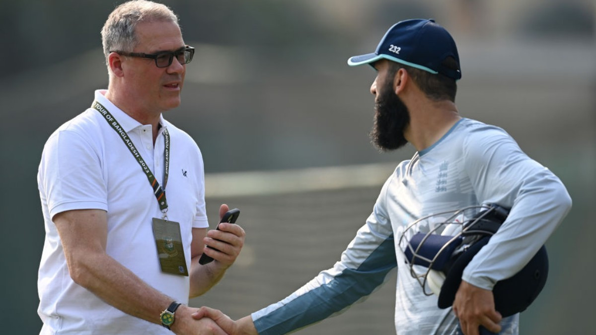 England's Moeen Ali shakes hands with ECB chief Richard Gould. GETTY IMAGES