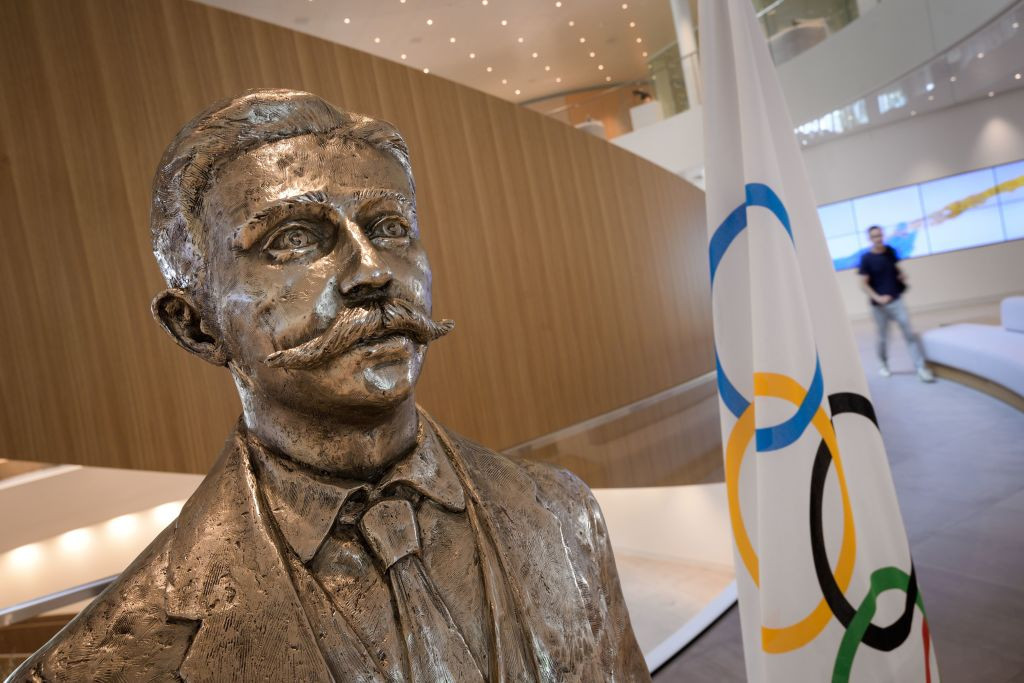 A statue of International Olympic Committee founder Pierre de Coubertin at the entrance to the IOC. GETTY IMAGES