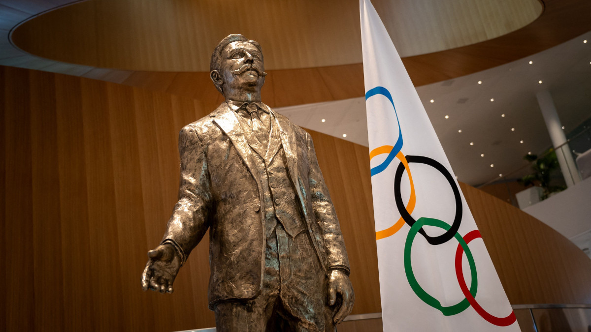 A statue of Pierre de Coubertin at the entrance to the IOC in Lausanne. GETTY IMAGES