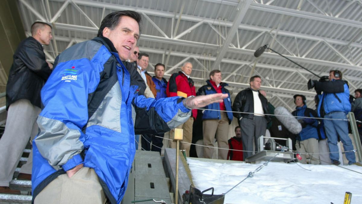 Salt Lake City 2002 Organizing Committee chief Mitt Romney  shows off the 120 K Ski jump at Utah Olympic Park. GETTY IMAGES