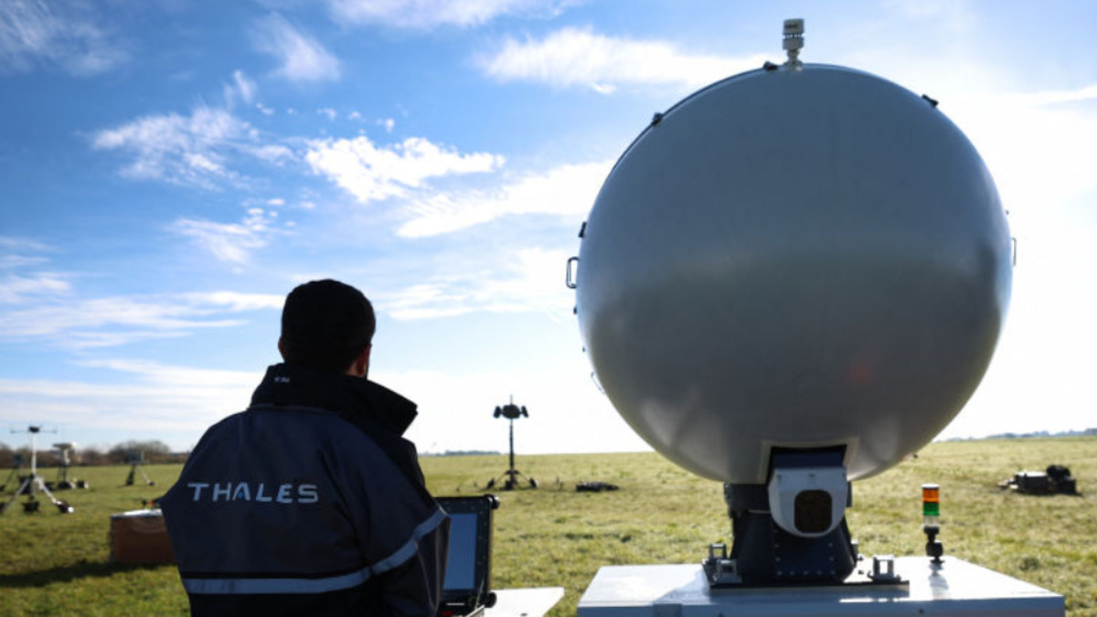 A drone detection radar from France's Thales at a press presentation of security systems. GETTY IMAGES